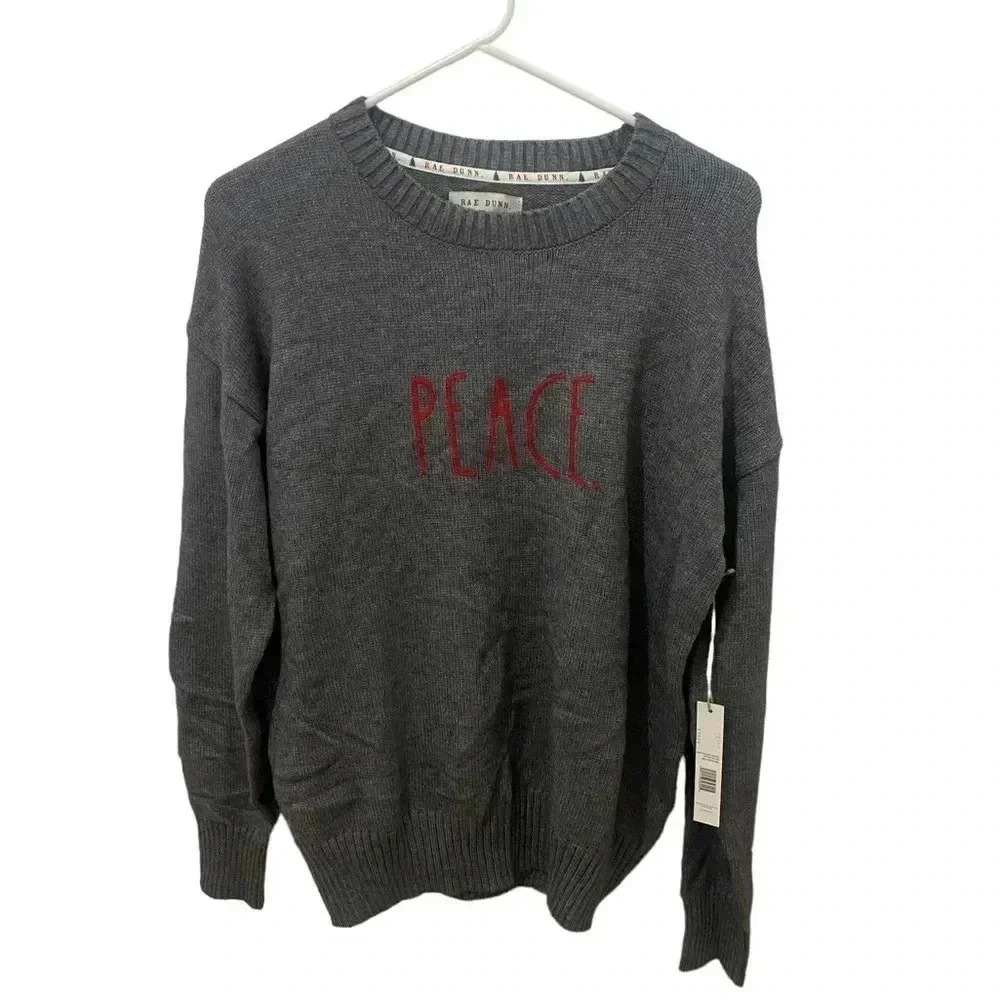 Rae Dunn Grey Peace Graphic Sweater Size Large
